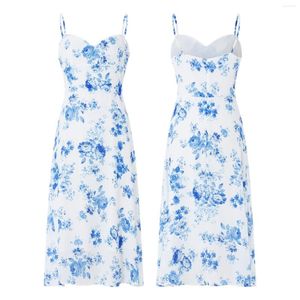 Casual klänningar puloru blå blommor tryck sommar a-line klänning kvinnors ärmlösa spaghettiband blossade midi för festkontor street