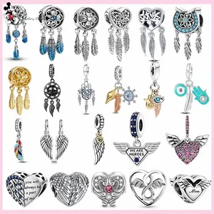 Pandora charm için 925 gümüş boncuk takılar Tüy Kanat Kalp Dream Catcher çekicilik seti