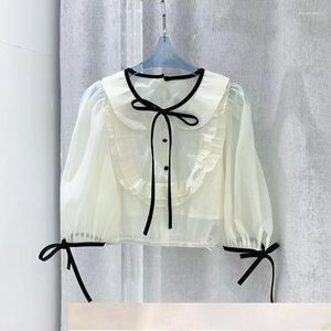 Women's T Shirts 2023 Summer Sweet and Fashionable Doll Neck Lace Up Bow Tie Bubble Sleeve Shirt Chiffon