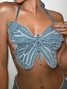 Partykleider, Schmetterlings-Röhrenoberteile, Denim-Schnürkorsett, sexy Outfits, Neckholder, rückenfrei, Cami, Streetwear, Y2K-Kleidung, schwarzes Crop-Top, trägerlos x0629