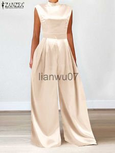 Womens Jumpsuits Rompers ZANZEA 2023 Party Satin Jumpsuit Women Summer Fashion Sleeveless High Waist Jumpsuits Elegant High Collar Wide Leg Pant Overal J230629