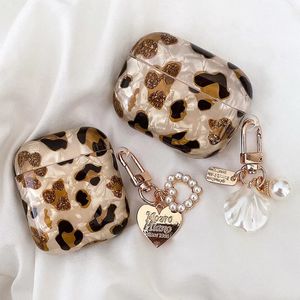 Söt härlig härlig leopardmönster PC Hard Protective Cover Case för AirPods 1 2 3 Pro med Pearl Key Ring Clip for Women Girls