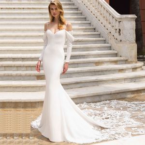 Newest Spaghetti Strap Wedding Dresses Long Sleeve Satin Lace Appliques Train Mermaid Bridal Gown Custom Made Plus Sizes Vestidos De Novia