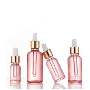 Frasco conta-gotas de óleo essencial de vidro rosa 10-100 ML frasco conta-gotas com tampa dourada e tampa de borracha branca SN6233