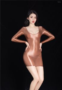 Casual Dresses Sexy Deep V Neck Bodycon Micro Mini Dress Sheer See Through Oil Shiny Tight Female Backless Hip Up Candy Color