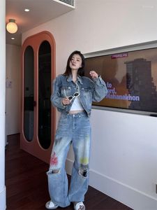 Kvinnors jeans houzhou harajuku koreanska streetwear baggy kvinnor hippie kpop ihåliga ut denim byxor vintage orolig breda benbyxor