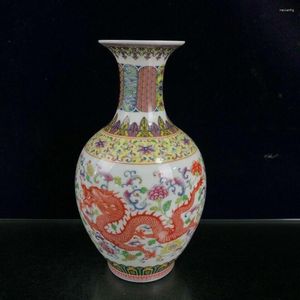 花瓶中国の古い磁器パステルエナメル色のドラゴンとフェニックスパターン花瓶