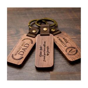 Keychains Lanyards 6.6X3Cm Custom Logo Personalized Leather Keychain Pendant Beech Wood Carving Car Decoration Key Ring Diy Thanks Dhirg
