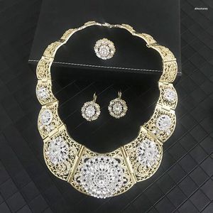 Necklace Earrings Set Luxury Selling Wedding Party Jewelry Gold Color Crystal Earring Ring For Women Arab Muslim Dress Three