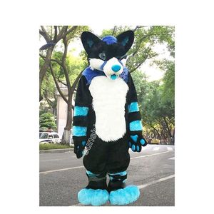 Black stitching Husky Dog Fox Long Fur Mascot Costume Top Cartoon Anime theme character Carnival Unisex Adults Size Christmas Birthday Party Outdoor Outfit Suit