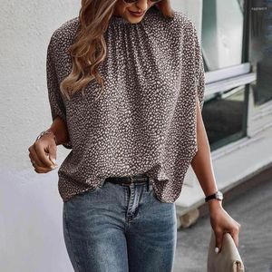 Kadın Bluzlar Yaz Moda Baskı Bölünmüş Yarasa Kısa Kollu Şifon Gömlek Kadın Günlük Sokak Rahat Yarım Yüksek Boyun Gevşek Bluz Tops