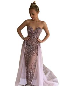 Elegant Dusty Pink Crystal Beaded Mermaid Prom Dresses Luxury Sweetheart Evening Gown With Detachable Train Formal Party Pageant Dress