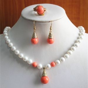 Bröllopsmycken Set Design Womens 8mm White Pearl Necklace Earring Ring Set Real Jewelry 230627