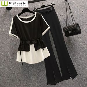 Frauen Trainingsanzüge 2023 Sommer Elegante Hosen Set Mode Nähen Chiffon Hemd Breite Bein Zwei stück Weibliche Blazer Bluse 230629