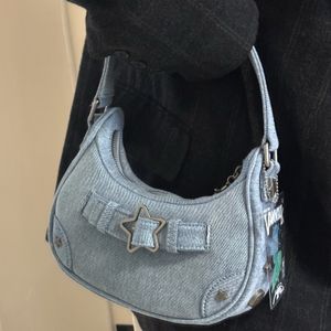 Вечерние сумки Y2K Vintage Korean Casual Cute Blue Star Shoulder Underarm Tote Bag Ladies Sling Кожаные кошельки на молнии Bagutte Handbag 230628