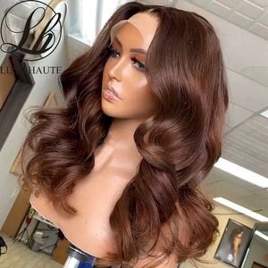 Body Wave Chocolate Brown 13x4 Spets Front Wigs 180% densitet Färgad syntetisk mörkbrun spetsfront peruk för svarta kvinnor 230524