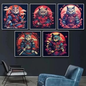 Giapponese Samurai Cat Canvas Painting Poster Stampe Camera da letto decorativa Fantastic Anime Animal Kitten Warrior Stampe Wall Art Pictures for Living Room Home Decor w06