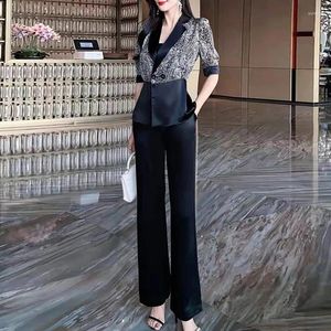 Women's Two Piece Pants Summer Causal Loose Acetate Suit Short Sleeve Patchwork Blazers And High Wasit Wide Leg Women Elegant Pieces Sets