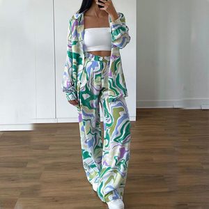 Women Print Two Piece Sets Loose Outfits Casual Shirt and Wide Pants Set Easy Suit Free Ship