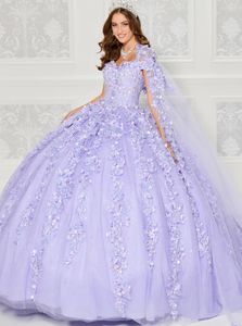 Lilla Lavanda Tulle Floreale Principessa Quinceanera Abiti con Mantella Off Spalla Farfalla Corsetto Prom vestido 15 anos preto