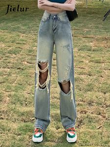 Women s Jeans Jielur Holes Slim Fashion Women Loose Straight Full Length Female Wide Leg Pants Summer Chic Button Zipper Sexy 230628