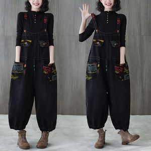 Womens Spring Autumn Harajuku Denim Jumpsuit Black Overalls Streetwear Vintage Print Female Loose Hip Hop Rompers Monos