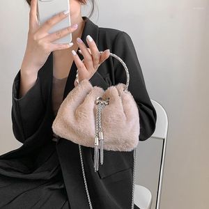 Kvällspåsar vinter plysch hink för kvinnor märke axel väska mode diamant ring handväska söta plånböcker crossbody designer satchel