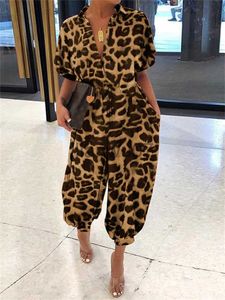 Kvinnors jumpsuits rompers 2023 sommar romper kvinnor sexig leopard tryck retro jumpsuits korta ärm avslappnade lösa knappar lastbyxor vintage totalt J230629