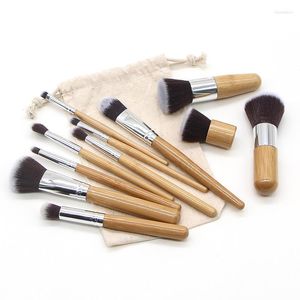 Conjunto de 11 pincéis de maquiagem com cabo de bambu, pó solto, blush, sombra, ferramenta de beleza