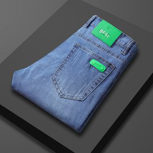 Mens Jeans Summer Blue Thin Regular Fit Green Label Decoration Fashion Stretch Denim Pants Mane Brand Trousers 230629