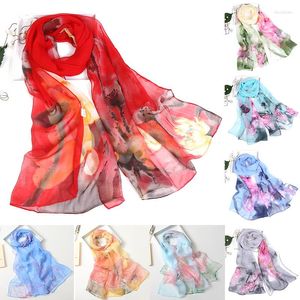 Sciarpe Moda Sciarpa con stampa floreale Spiaggia estiva Protezione solare Collo Bandana Foglia di loto Scialle lungo Fiore Chiffon Georgette Morbido