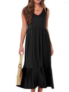 Casual Dresses Elegant And Comfortable Women S V-Neck Sleeveless Dress With Ruffle Hem Pockets - Perfect For Outings Streetwear