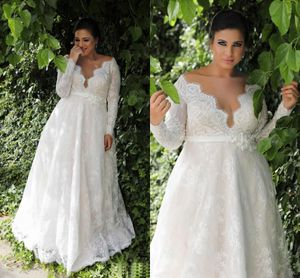 2023 Abito da sposa taglie forti in pizzo con vita impero a trapezio da giardino con maniche lunghe Abito da sposa lungo sexy per matrimoni taglie forti