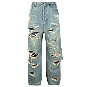 Hiphop rippade jeans nödställda dubbla lager baggy denim byxor herr mode streetwear harajuku blå jeans