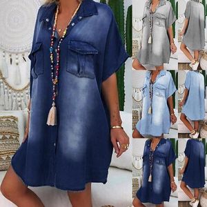 Casual Dresses Summer Fashion Solid Släng ner Neck Blue Denim Shirt Dress Women's Short Sleeve Without Pockets Single-Breasted