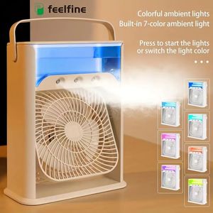 1PC Feelfine Air Cooler加湿器、3つの風速と7つのカラーライト調整可能なUSB充電式静かな高速デスクトップファンを備えたポータブル冷却エアクーラーファン