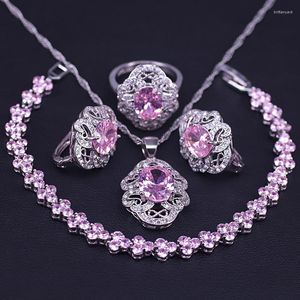 Necklace Earrings Set Princess Pink Silver Color Costume Jewelry For Women Romantic Rome Bracelet Ring Bridal
