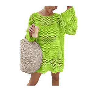 Casual Dresses Knit Dress Crew Neck Hollowed Out Crochet Loose Casual Long Sleeves Sweater Mini Dress