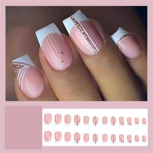 Накладные ногти, 24 шт., французские накладные ногти, квадратный средний белый ноготь с блестящим рисунком, розовый, полное покрытие