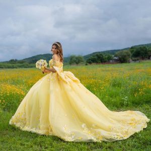 Sarı Tül Balo Quinceanera Elbiseler Boncuk Sevgiliye Aplike Büyük Yay Ile 3DFloral Dans Partisi Vestidos De Quinceanera