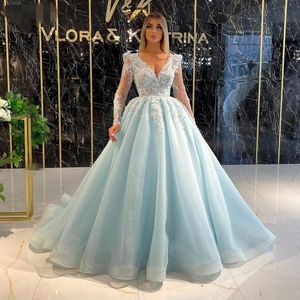 a line light sky blue Exquisite Dubai Long Sleeve Evening Dresses V-Neck Lace Beaded applique Plus Size Formal Prom Dress Pageant Ball Gown