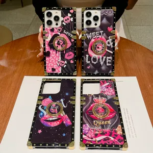Luxo Skull Lips Queen Diamond Ring Holder Case Square Para iPhone 14 13 12 11Pro Max XR XS 6S 7 8Plus SE2 Colorful Pink Cover