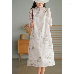 Ethnic Clothing 2023 Chinese Style Traditional Women Elegant Cotton Linen Cheongsam Dress Short Sleeve Floral Hanfu A Line Improved Qipao