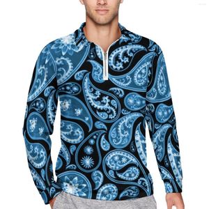 Polo da uomo Blu Nero Polo con stampa Paisley Autunno Retro Cerniera floreale Casual a maniche lunghe Street Style T-shirt oversize personalizzate