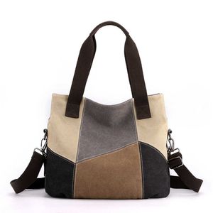 Borsa da donna in tela di tela semplice e alla moda Borsa da donna in tessuto con cuciture a contrasto di colore di grande capacità Nuovo zaino da esterno con borsa a tracolla