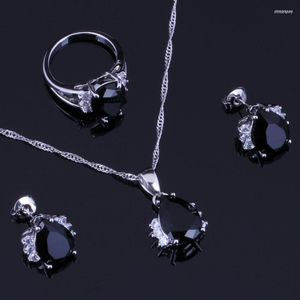 Necklace Earrings Set Luxurious Black Cubic Zirconia White CZ 925 Sterling Silver For Women Pendant Chain Ring V0325