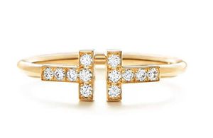 Designer Double T Ring Brand Fritillaria com Diamante Abertura do Wind Cold Ins v Gold Bated Rose Indicor dedo