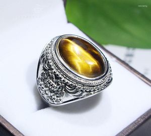 Dekorativa figurer Tibetansk silverhand-inlägg Naturlig Tiger's-Eye Stone Crystal Ring Man/Lady Godkvalitet Fingerprydnader/GRATIS presentförpackning