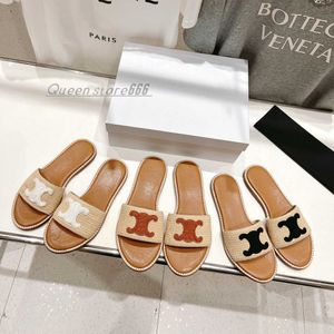 Top quality Lympia flat slides slippers Leather insole Raffia sandals Triomphe Embossed open toes luxury designer for women holiday flats sandal factory footwear