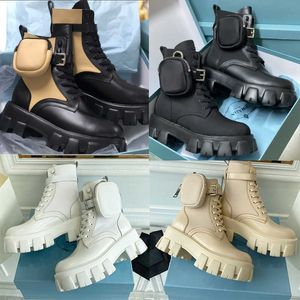 Fashion Designer Boots Platform Women Brushed Rois Boots Top Cowskin Leather Nylon Martin Boot With Removable Pouch Black Ladies Outdoor Booties Shoes With Box NO43